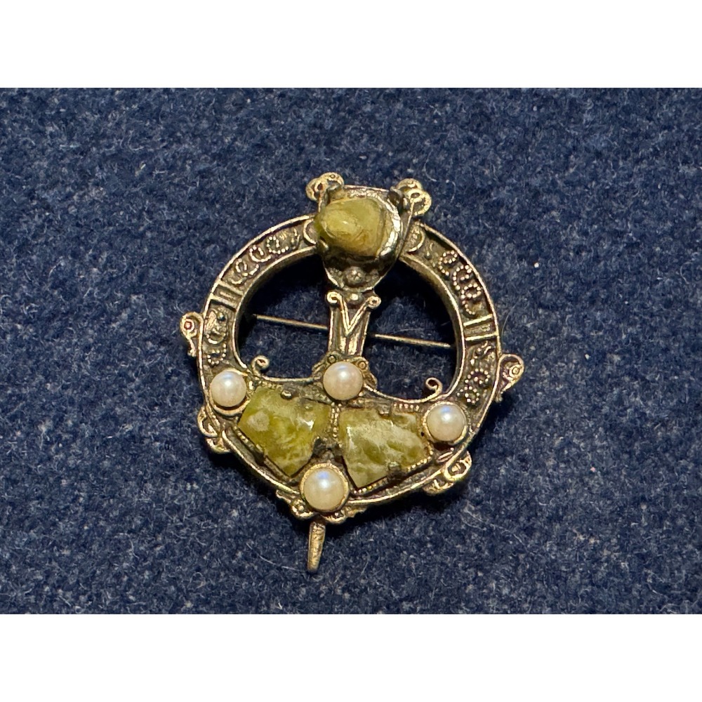 Vintage Solvar Ireland Celtic Tara Brooch Connemara Marble Faux Pearl Gold Tone